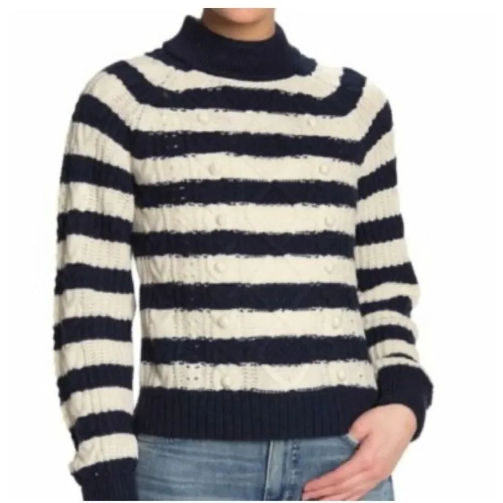 J. Crew pom- pom cable knit striped navy blue lambswool blend sweater XS